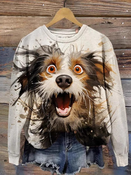 

Casual Crew Neck Dog Sweatshirt, Khaki, Hoodies & Sweatshirts