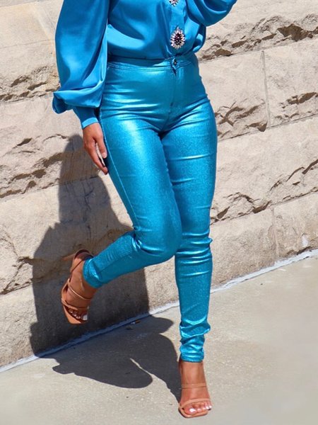 

Elegant Plain Legging Faux Leather Pant, Blue, Pants