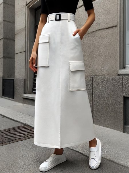 

Casual Cargo Pockets Plain Maxi Skirt With Belt, White, Skirts