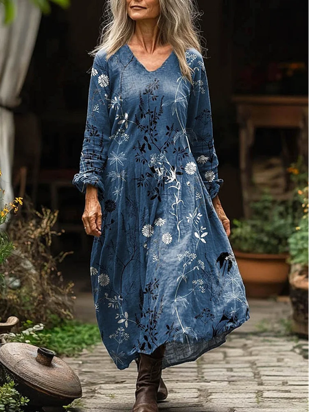 

Women's Vintage Lovely Floral Art Print Pocket Cotton Dress, As picture, Maxi Dresses