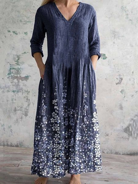 Women's Long Sleeve Spring/Fall Floral Jersey Dress V Neck Daily Going Out Casual Maxi A-Line T-Shirt Dress, Purplish blue, Dresses