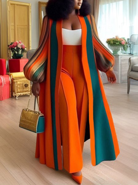 

Elegant Balloon Sleeve Color Block Loose Kimono, Orange, Kimonos