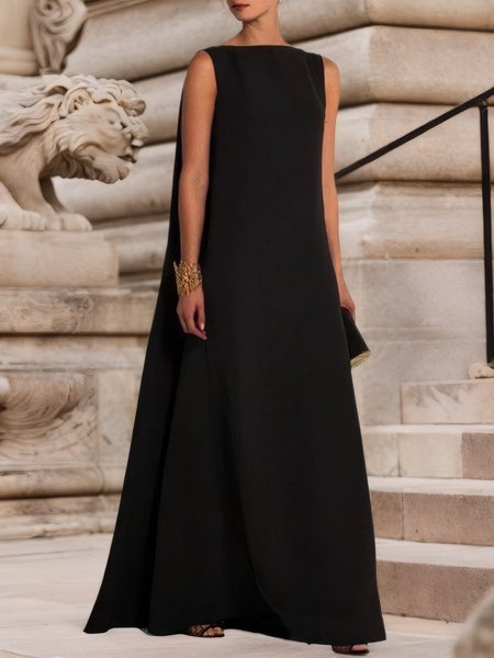 

Vintage Plain Sleeveless Crew Neck Casual Weaving Dress, Black, Maxi Dresses