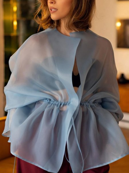 Elegant Plain Crew Neck Raglan Sleeve Blouse, Blue, Blouses and Shirts