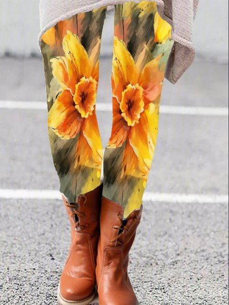 

Women's Casual Floral Jersey All Season Long Leggings, Yellow, Leggings