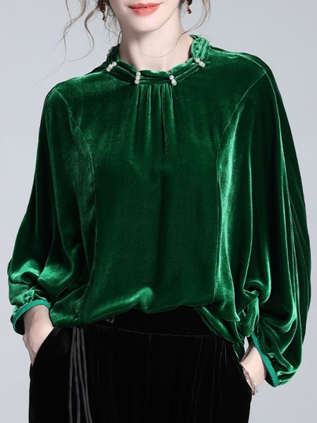 

Velvet Elegant Plain Beaded Stand Collar Blouse, Green, Blouses and Shirts