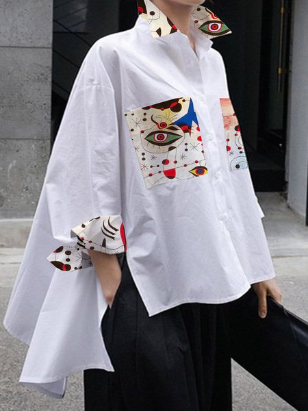 

Casual Random Print Split Joint Shirt Collar Shirt, White, Blouses and Shirts