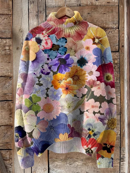 

Casual Turtleneck Floral Sweatshirt, As picture, Hoodies & Sweatshirts