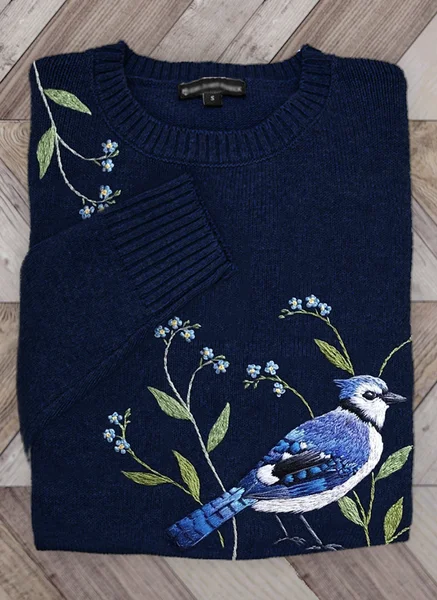

Casual Hoodie Bird Print Sweater, Dark blue, Sweaters