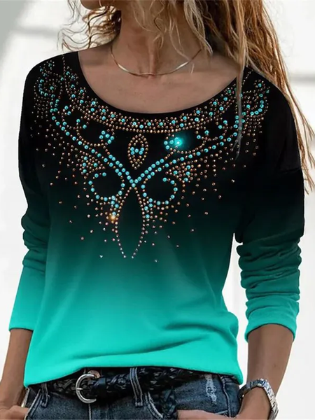 

Western Gradient Print Round Neck Long Sleeve T-Shirt, Green, Long sleeves