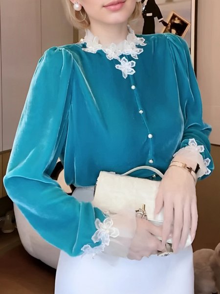

Velvet Elegant Plain 3D Floral Stand Collar Blouse, Blue, Blouses and Shirts