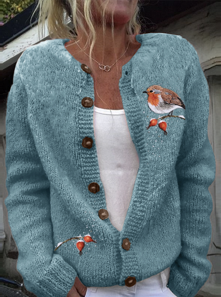 

Women Wool/Knitting Cute Bird Pattern Long Sleeve Comfy Casual Cardigan, Light blue, Cardigans