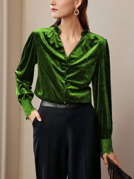 

Velvet Urban Plain Lace Edge V Neck Shirt, Green, Blouses and Shirts