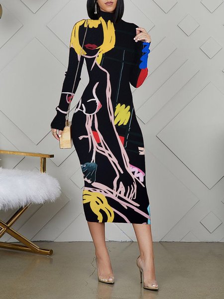 

Elegant Abstract Stripes Printing Turtleneck Midi Dress, Black, Midi Dresses