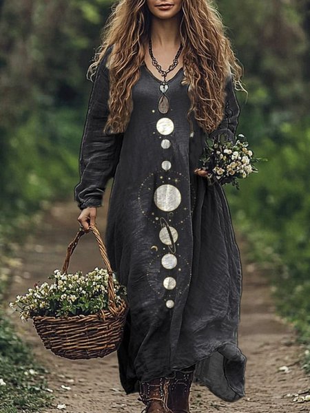 

Women's Long Sleeve Spring/Fall Starry Sky Jersey Dress V Neck Daily Going Out Casual Maxi A-Line T-Shirt Dress, Black, Dresses