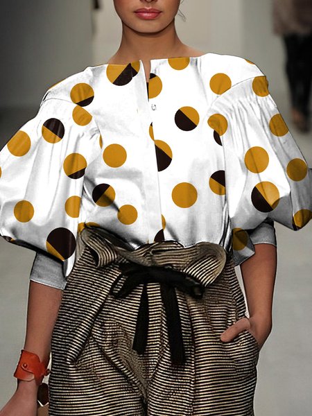 Urban Polka Dots Printing Balloon Sleeve Shirt, As picture, Blouses and Shirts