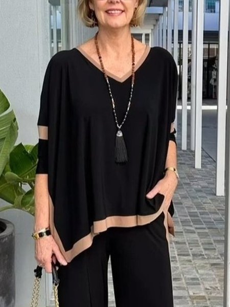 

Casual Color Block Split Joint V Neck Loosen T-shirt, Black-coffee, Tees