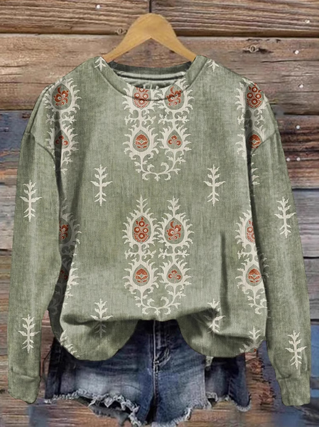 

Casual Crew Neck Ethnic Sweatshirt, Green, Hoodies & Sweatshirts