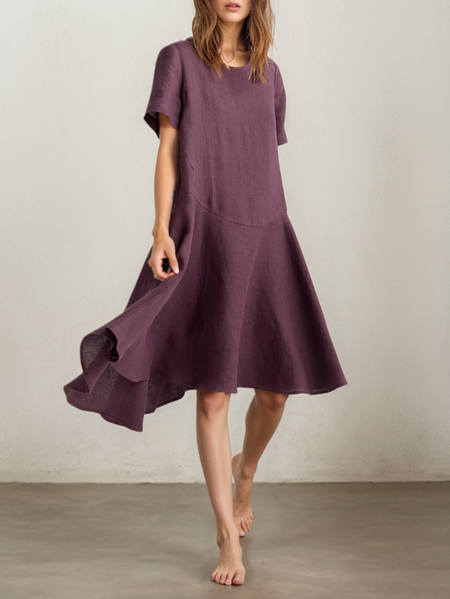 

STYLE WE x CHILLINEN | Linen Plain Crew Neck Mini Dress, Purple, Midi Dresses
