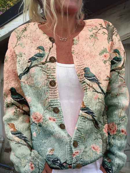 

Women Knitted 3D Printing Long Sleeve Comfy Vintage Cardigan, As picture, Cardigans
