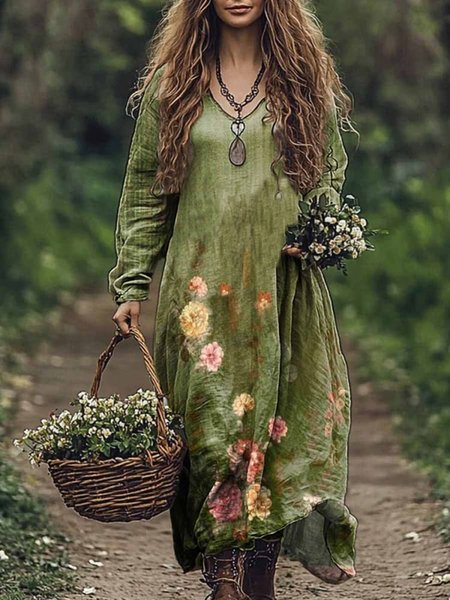 

Floral Print Long Sleeve V-neck Dress, Green, Dresses