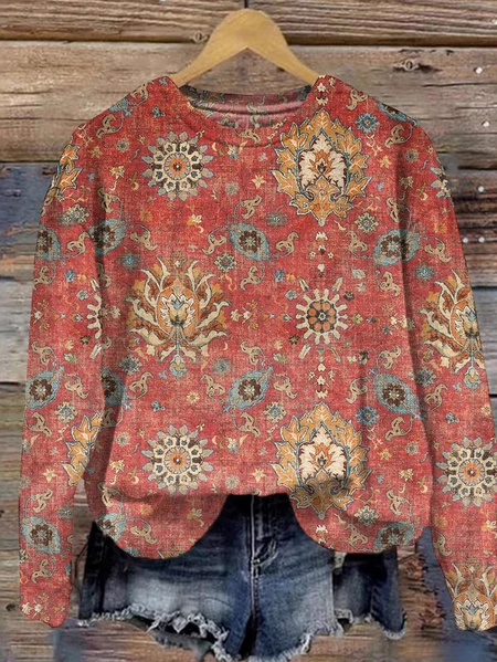 

Casual Crew Neck Ethnic Sweatshirt, Red, Hoodies & Sweatshirts