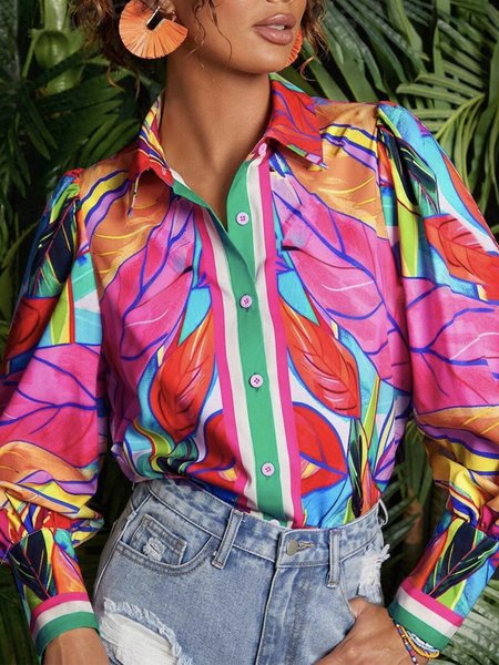 

Casual Floral Printing Balloon Sleeve Shirt, As picture, Blouses and Shirts