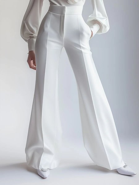 

Elegant Plain Flare Pants, White, Pants