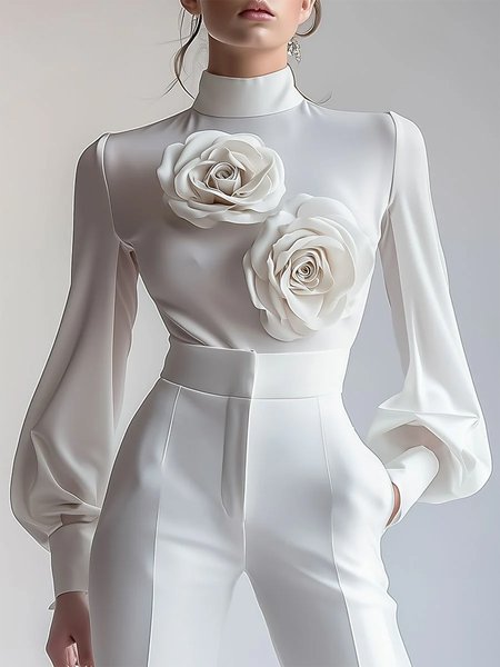 

Elegant Plain 3D Floral Mock Neck Blouse, White, Blouses and Shirts