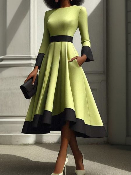 

Elegant Color Block Crew Neck Midi Dress, Green, Midi Dresses