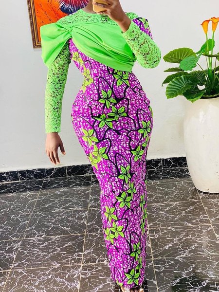 

Elegant Floral Lace Crew Neck Maxi Dress, As picture, Maxi Dresses