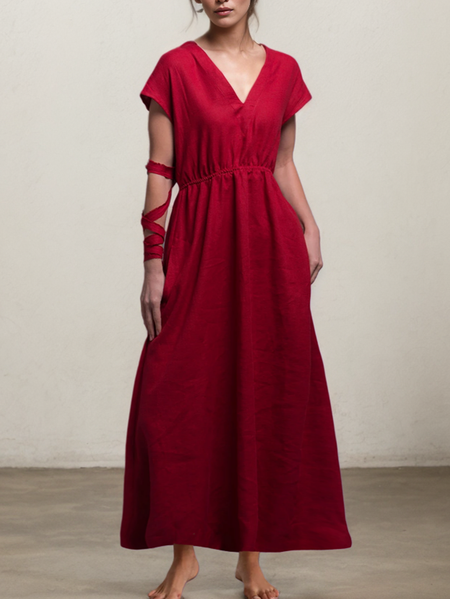 

Linen Plain V Neck Maxi Dress, Red, Maxi Dresses