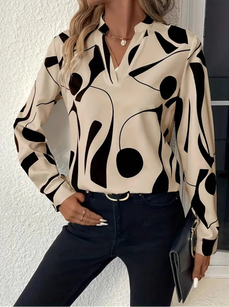 

Women's Long Sleeve Blouse Spring/Fall Abstract V Neck Daily Going Out Casual Top, Apricot, Blouses