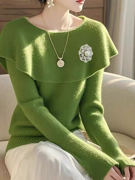 Loose Elegant Sweater With Brooch, Green, Pullovers