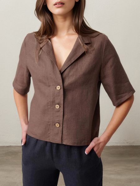 

Cotton And Linen Linen Plain Camp Collar Shirt, Coffee, Blouses & Shirts