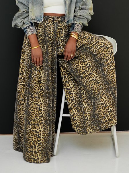 

Casual Loose Leopard Wide Leg Pants, Brown, Pants