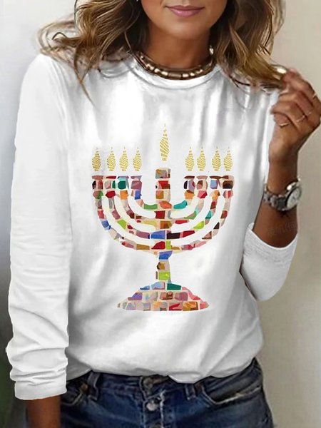 

Casual Round Neck Long Sleeve T-shirt, White, Long sleeves