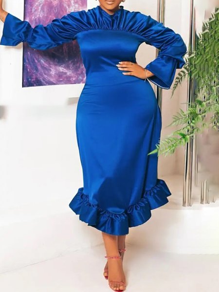 

Elegant Plain Puff Sleeve Peplum Crew Neck Midi Party Dress, Blue, Maxi Dresses