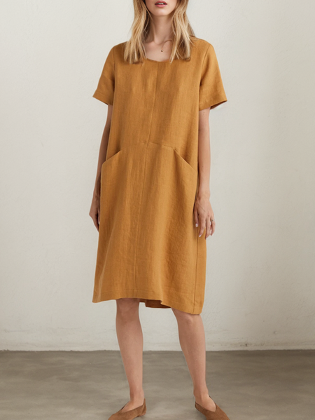 

Linen Plain Crew Neck Mini Dress, Yellow, Midi Dresses