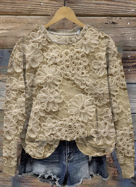 

Lace flower pattern round neck pullover sweatshirt, Apricot, Hoodies&Sweatshirts