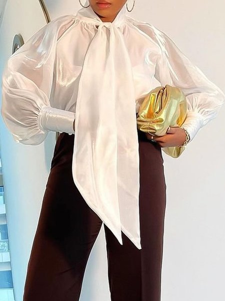 

Urban Plain Stand Collar Balloon Sleeve Lace-up Blouse, White, Blouses and Shirts