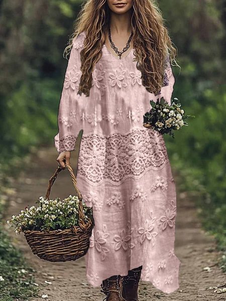 Floral Print Long Sleeve V-neck Dress, Pink, Maxi Dresses
