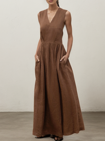 Linen Plain V Neck Maxi Dress, Brown, Maxi Dresses
