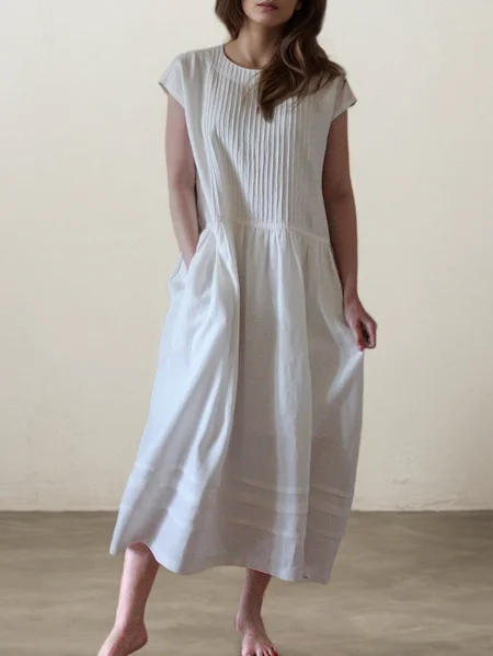 

STYLE WE x CHILLINEN |Linen Plain Crew Neck Maxi Dress, White, Midi Dresses