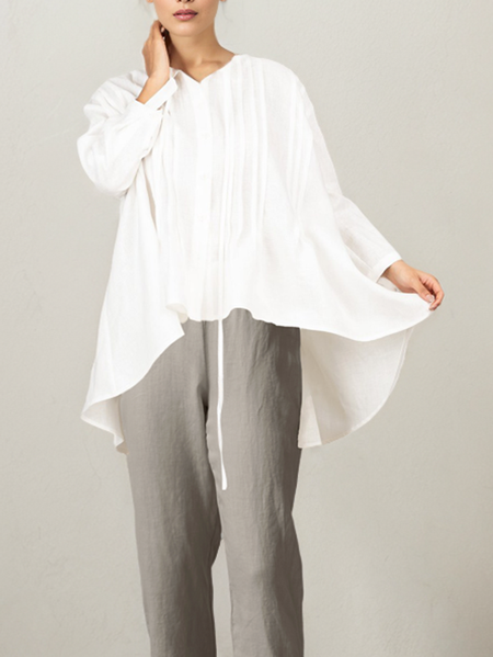 

Cotton And Linen Linen Plain Crew Neck Blouse, White, Blouses & Shirts