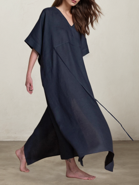 

Linen Plain Crew Neck Maxi Dress, Dark blue, Maxi Dresses