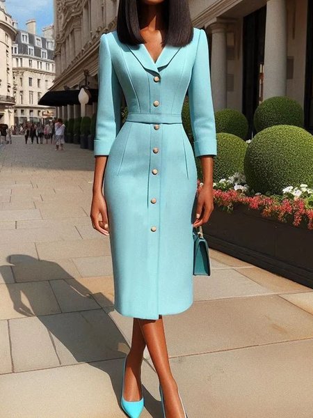 

Urban Plain Buttoned Shawl Collar Midi Dress, Blue, Midi Dresses