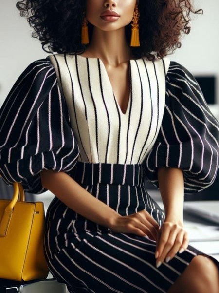 

Elegant Striped Printing Notched Puff Sleeve Blouse, As picture, Blouses and Shirts