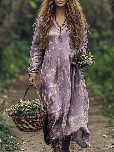 

Women's Long Sleeve Spring/Fall Floral Jersey Dress V Neck Daily Going Out Casual Maxi A-Line T-Shirt Dress, Purple, Dresses
