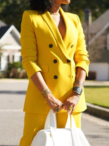 

Urban Buttoned Plain Lapel Collar Blazer, Yellow, Blazers